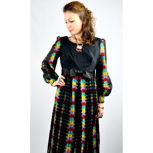 70s EMBROIDERED Mexican Maxi Dress - w/POET Sleeves - Gunne Sax Style S - M - Picture 4 of 5